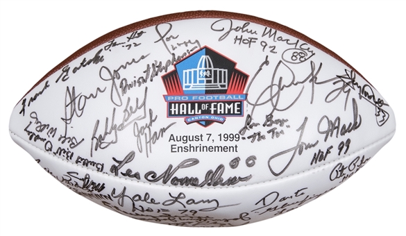 1999 Football Hall of Famers Multi Signed Enshrinement Football With 45 Signatures Including Dorsett, Ham, & McDonald - From Dick Enberg Collection (Letter of Provenance & JSA)